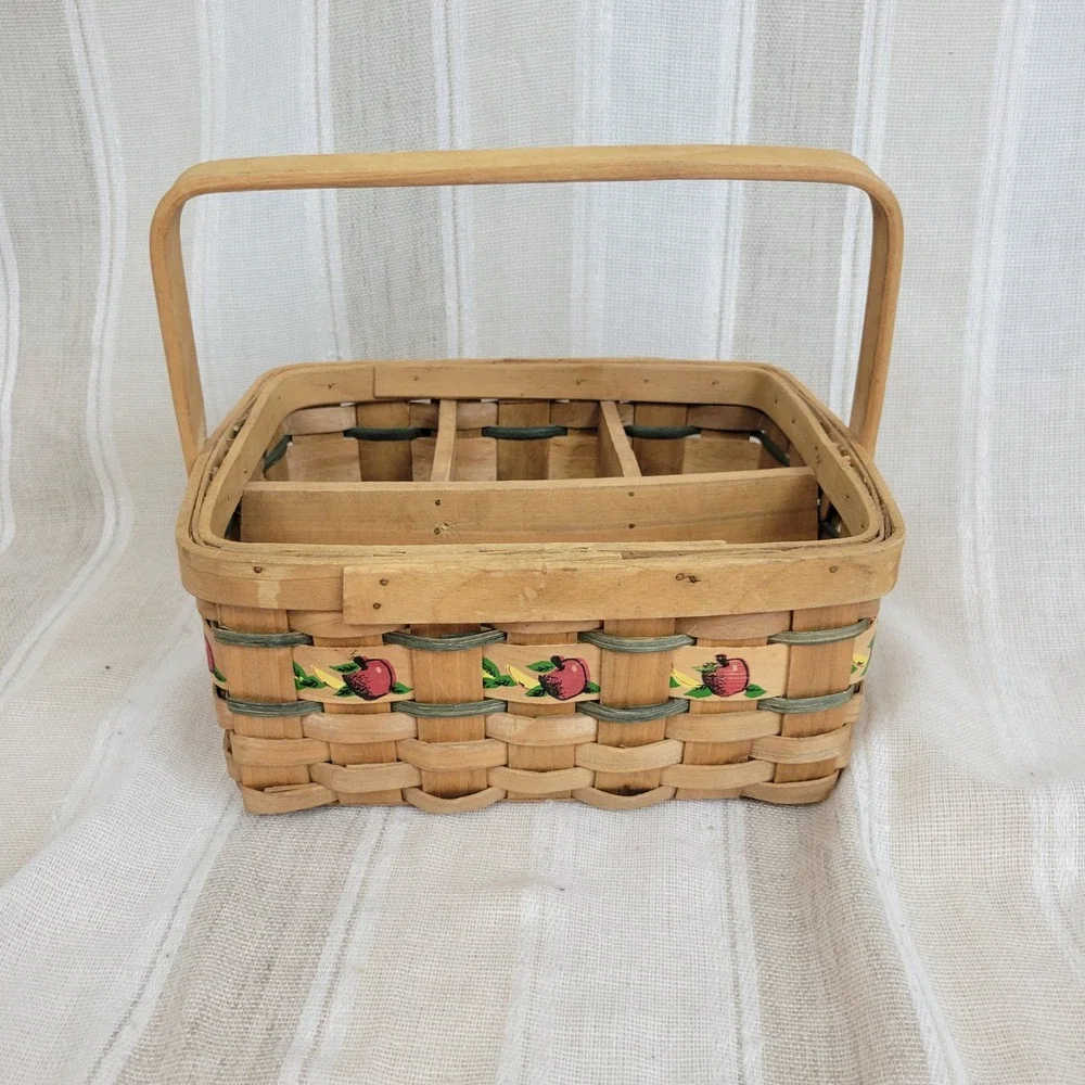 Woven Picnic Basket Rectangle Apples Decoration Silverware and Plates Holder